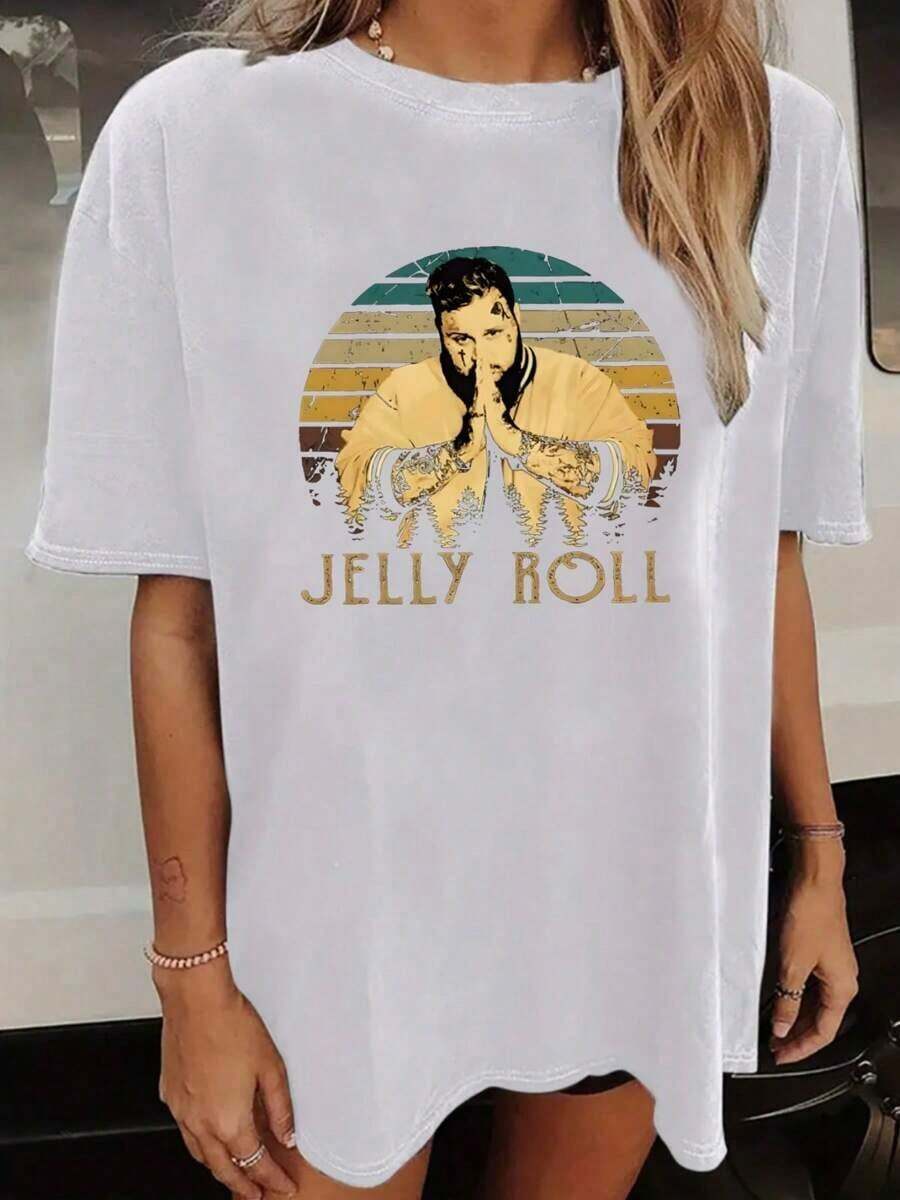 Women's Oversized Loose Fit JELLY ROLL Print T-Shirt - Casual Polyester Crew Neck Top, All-Season Comfort, Festive Holiday Top, 1 Piece, Crew Neck, 100% Cotton, Soft Fabric, Short Sleeve - 白色 - 查看 1