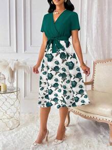 Vestido de mujer con cuello en V y cinturón, manga corta, vestido largo de verano para mujer - Multicolor - Ver 7