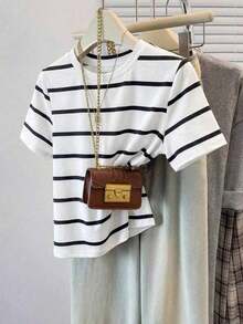 de manga corta de cuello redondo a rayas para mujer, de uso versátil y casual para uso diario - Blanco y Negro - Ver 1