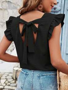 Frenchy Blusa de verano para mujer con volantes y cruce de tirantes en la espalda en color liso - Negro - Ver 1