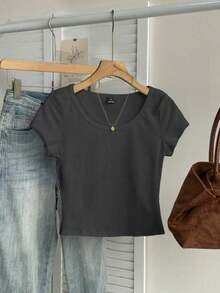 Camiseta ajustada de mujer con cuello de pico, manga raglán y patrón minimalista, 95% algodón, color caqui - Gris Oscuro - Ver 7