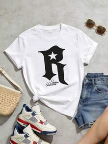 Camiseta de manga corta con cuello redondo suave y casual para mujer, con estampado gráfico de la letra R en forma de estrella, adecuada para uso diario en primavera y verano. Blanca. - Blanco - Ver 5
