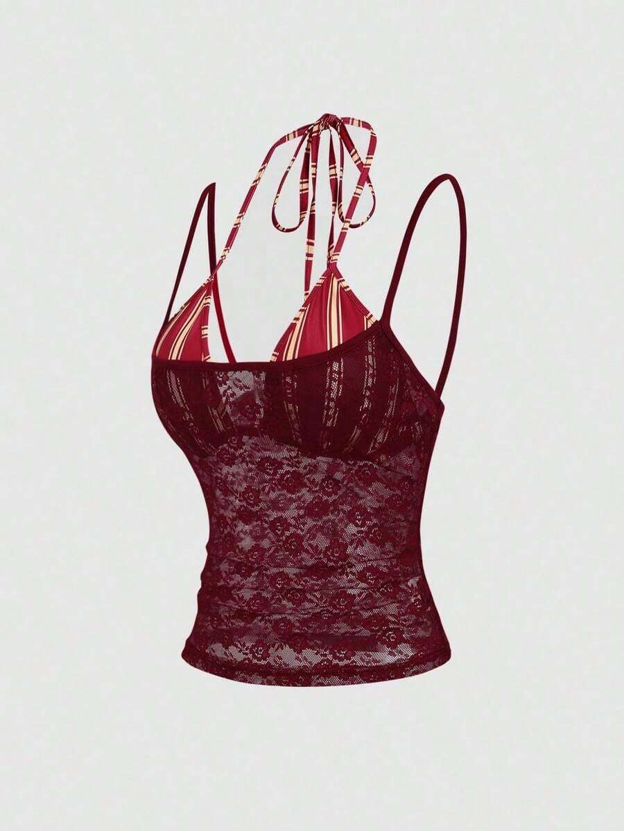 Nuevo diseño de camiseta sin mangas ajustada con rayas vintage y asimétrica 2 en 1 sexy para mujer, primavera/verano - Rojo - Ver 1