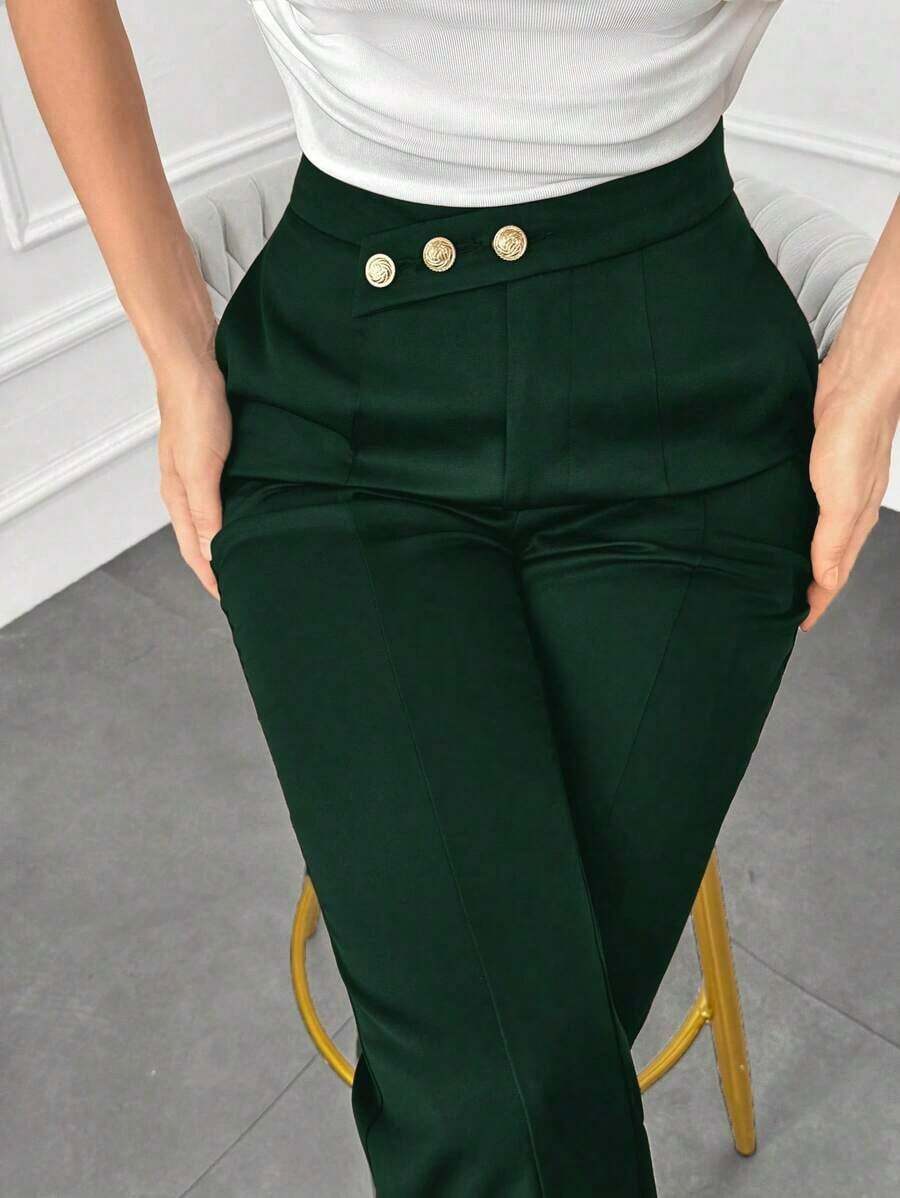 Pantalones elegantes de mujer con pierna recta, cintura suelta y detalles de botones para otoño/invierno - Verde Oscuro - Ver 1