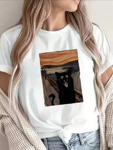 Oferta por tiempo limitado, cantidad limitada disponible,  relámpago, camisas de mujer, camisetas de mujer Esta camiseta de manga corta de poliéster presenta un diseño artístico de un "grito de gato".Ligera y resistente, es ideal para usar de forma informal en casa, en la oficina o en un restaurante, ofreciendo un ajuste cómodo y ceñido para el día a día. - Blanco - Ver 8