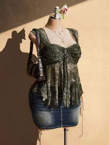 ICON Camiseta asimétrica transparente con estampado de cachemira para mujer de talla grande, top de rave, top transparente, para vacaciones de verano, temporada de graduación, temporada de regreso a clases, ropa de verano, Y2K. - Multicolor - Ver 5