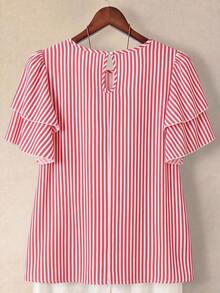 Linhara Blusa casual de verano de talla grande para mujer, de unicolor, cuello redondo, manga corta de doble capa, plisada, de moda versátil para vacaciones - Rojo 2 - Ver 2