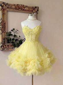 Elegante y lujoso vestido corto hecho a mano con aplicaciones bordadas, encaje de ganchillo y parches de satén, con abertura en la cintura, adecuado para citas, fiestas de solteros, galas, bailes, Día de San Valentín - Mostaza Amarilla - Ver 3