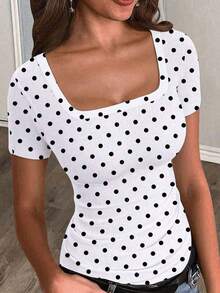 Camiseta blanca básica, casual y sencilla con cuello en V, manga corta, ajustada, con fruncido lateral, acanalada y elástica para mujeres, para el verano - Multicolor 2 - Ver 1