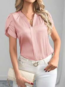 Clasi Blusa de satén de unicolor con mangas de pétalos de estilo elegante y cuello en V para primavera/verano - Rosa Pálido - Ver 6
