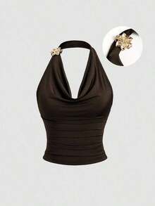 Top sin mangas con cuello de volantes y diseño de cintura ceñida, moda de verano para mujeres con inspiración vintage - Café integral - Ver 7