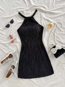 Vestido mini acanalado, de unicolor, ajustado, de cuello halter - Negro - Ver 1
