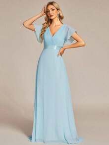 Vestido de dama de honor con cuello en V elegante, mangas con volantes y mariposa, color verde salvia, vestido de invitada de boda, vestido de primavera semi-formal para boda, fiesta de cumpleaños, graduación, Día de San Valentín - Celeste 2 - Ver 3
