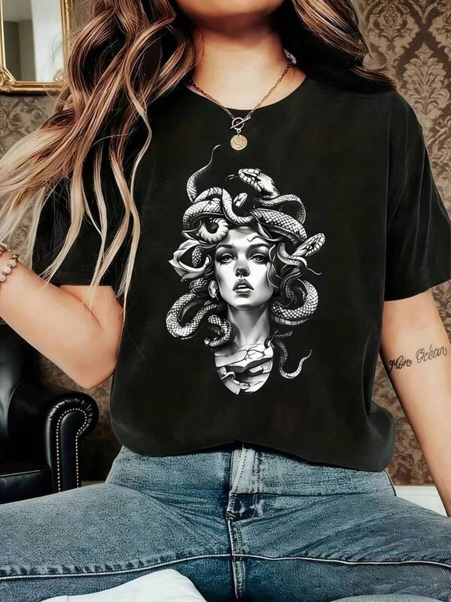 1 Pieza Camiseta Unisex Holgada 180g 100% Algodón Puro, Tshirt única con diseño espectacular de serpientes en estilo y2k, ideal para destacar en cualquier ocasión. Perfecta para quienes buscan moda atrevida y original. No te quedes sin la tuya y atrévete a ser diferente. - Negro - Ver 1