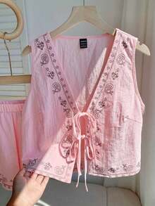 Conjunto de 2 piezas de estilo bohemio y veraniego con estampado floral blanco tejido - Rosa Pálido - Ver 6
