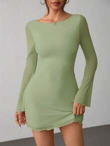 Vestido de malla con mangas de trompeta y espalda descubierta, nuevo y sexy para principios de otoño - verde menta - Ver 6