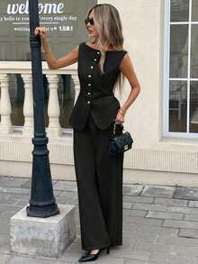 Set de 2 piezas para mujer con top sin mangas con botones delanteros lisos y pantalones largos, conjunto casual - Negro - Ver 3