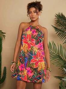 Vestido corto holgado con hombros al descubierto y estampado tejido para mujeres para vacaciones - Multicolor 4 - Ver 4