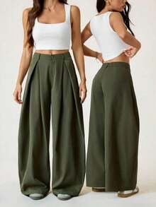 Pantalones anchos de verano con dobladillo curvo verde, estilo vintage, casual y para salir - Verde militar - Ver 2
