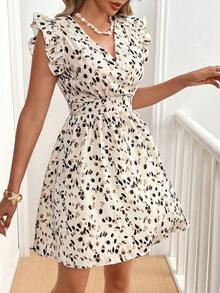 Vestido casual corto y sencillo con cuello en V y estampado para mujer, uso diario - Multicolor - Ver 4