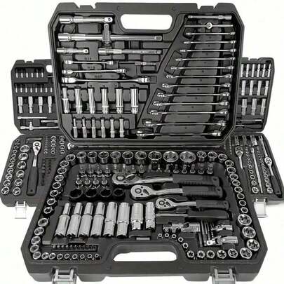Bộ dụng cụ cơ khí toàn diện 151/46 chi tiết - gồm các đầu tuýp 1/4", 3/8", 1/2" loại sâu và tiêu chuẩn, bộ cờ lê bánh cóc, đầu tuýp S2 và CR-V, bộ dụng cụ sửa chữa ô tô và cơ khí tại nhà, bao gồm cờ lê kết hợp, phụ kiện và hộp đựng.