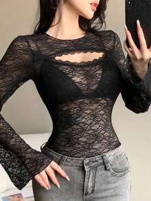 Camiseta corta de mujer de manga corta ajustada con diseño calado, para verano - Negro 3 - Ver 12