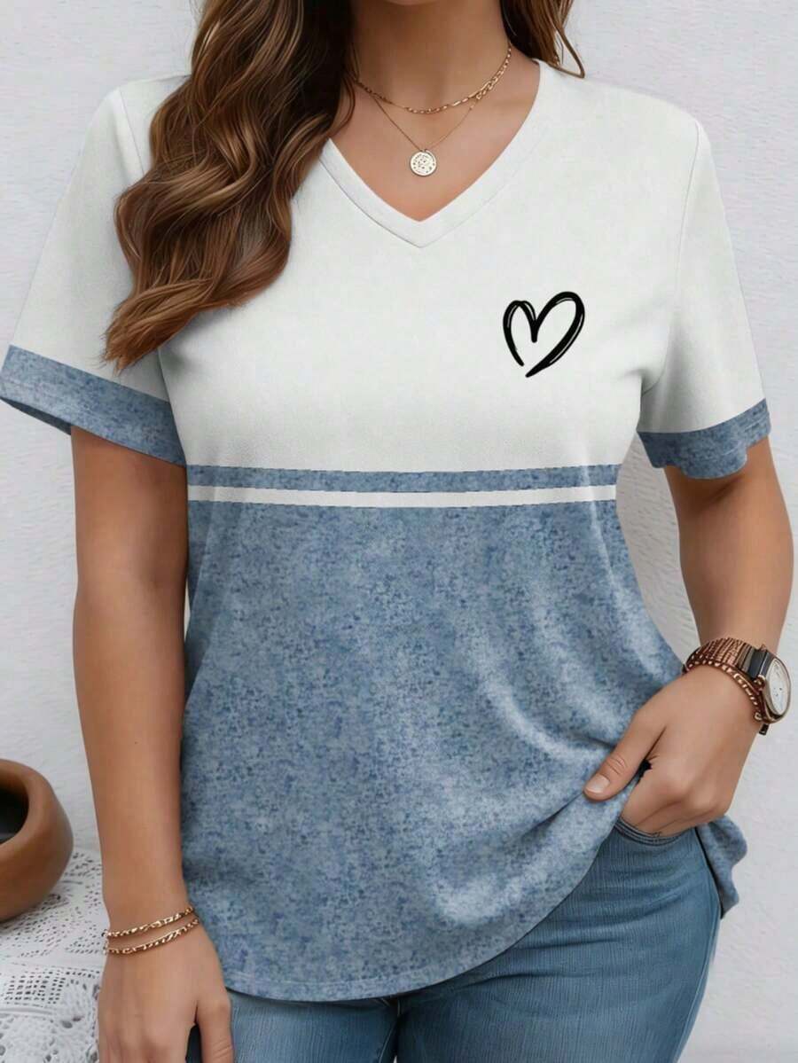 Camiseta casual de talla grande con cuello en V a rayas y patrón de corazón de patchwork - Multicolor - Ver 1