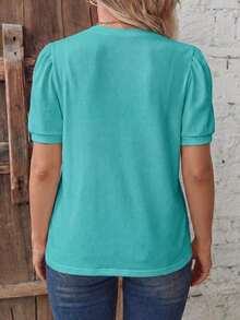 Camiseta básica de talla grande con cuello redondo, manga corta tipo globo, estampado de leopardo en color negro sobre base de color café, de estilo retro y casual - Azul - Ver 2