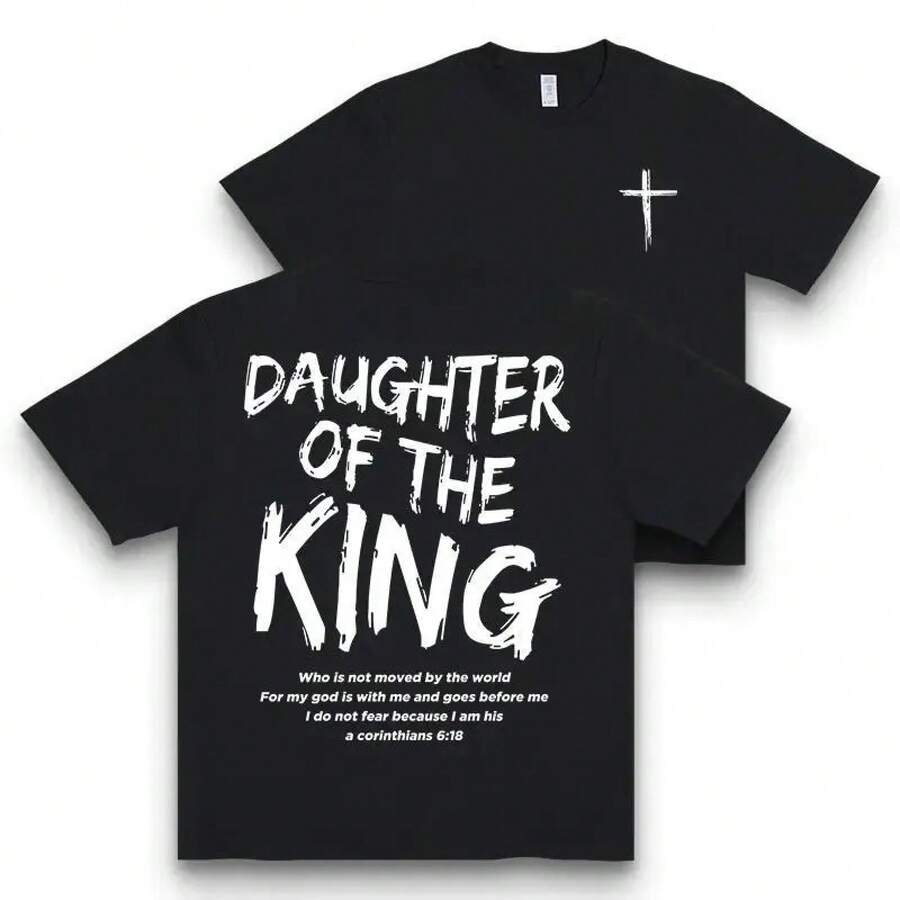 FEEGO Camiseta Gráfica "Hija del Rey Jesús" - Camiseta de Manga Corta con Cuello Redondo, Estampado a Doble Cara, 180g, Suave, Cómoda y Elegante para el Hogar o como Parte de un Atuendo para Mujer - Negro - Ver 1