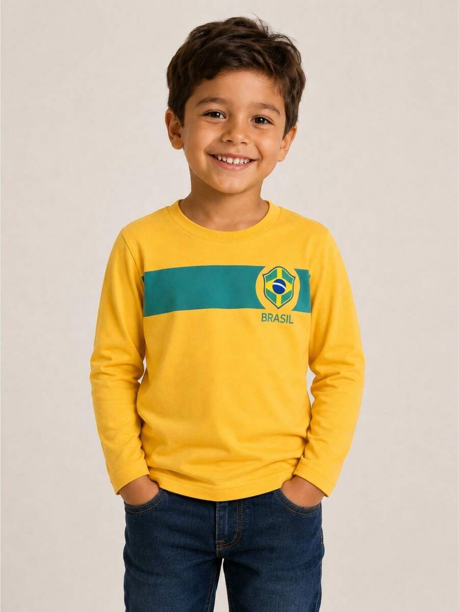 Brazil World Cup Long-Sleeved Children's T-Shirt In Cotton, Sizes 2 To 12 - 黃色 - 查看 1