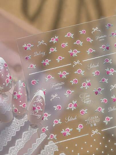 1 Sheet Embossed Rose Nail Stickers, 3D Pink Flower With Bow & Letter Pattern, Self-Adhesive Delicate Nail Art Decals
