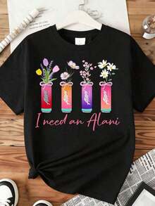 Necesito una camiseta con estampado de flores Alani para mujer, top casual de moda, camiseta gráfica, 100% algodón. - Negro - Ver 3