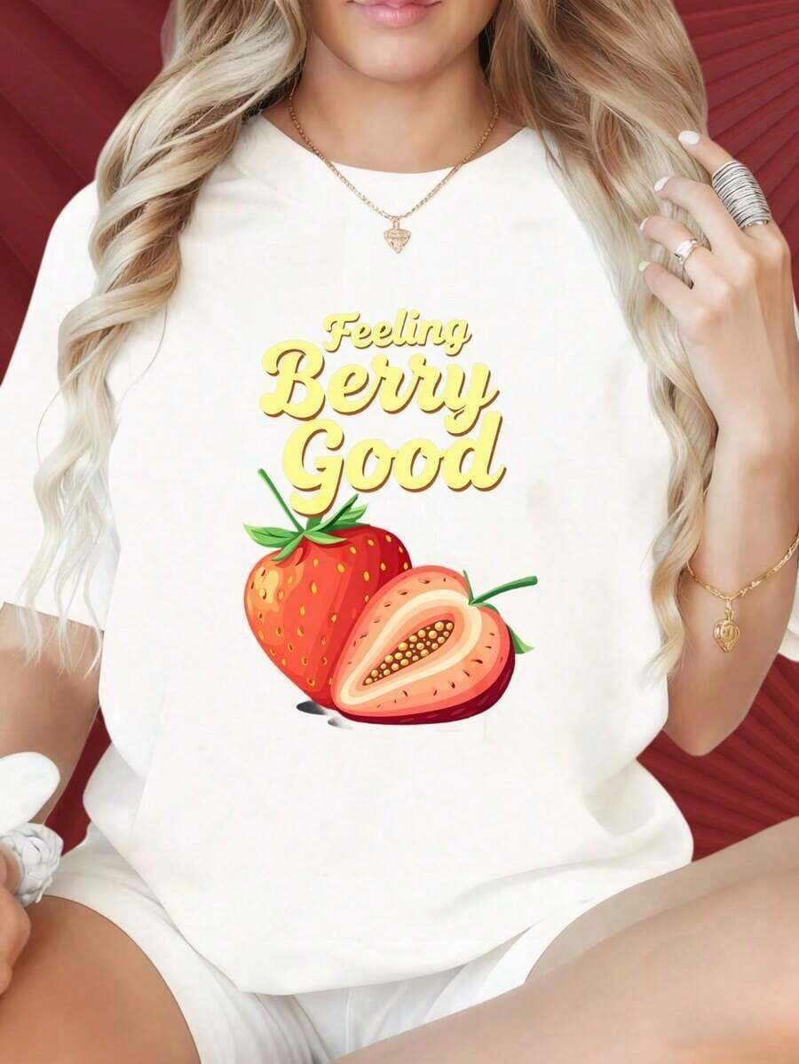 Camiseta casual para mujer con cuello redondo y mangas cortas, con interesantes estampados. Camiseta con Estampado de Fresas "Feeling Berry Good" para Mujer, Top Casual de Verano, Camiseta Linda con Estampado de Frutas, Adecuada para Fiestas de Navidad, Actividades Deportivas, Fiestas de Vacaciones, Salidas, Deportes y Otros Regalos Festivos (220g). 100% Algodón, Duradera. - Blanco - Ver 1