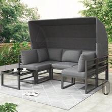 Iron Sunny Island Garden Lounge Set, Seating Group With Stool And Table With Canopy, 4 Piece Set For Balcony And Garden, Outdoor Furniture, Weatherproof, Grey, Includes All Cushions (Previous Reference: HW24006AAA) - Grey - View 3