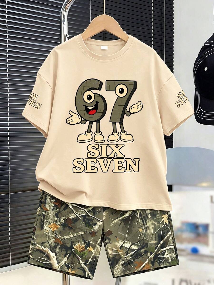 2件/套 青少年男童圓領短袖T恤配"67"圖案印花與簡約休閒短褲,夏季新款舒適套裝 - 杏色 - 查看 1