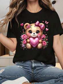 Camiseta de manga corta estilo Y2K para primavera y verano, sexy y a la moda, con un estampado de un oso con un lazo y una rosa rosa en forma de corazón, un top de manga corta y cuello redondo que realza la figura - Estilo vintage urbano, unisex, holgada, de algodón, con cuello redondo y manga corta. Blusas para mujer. blusas.blusas casuales para dama.Impresión de osos cariñosos.Camiseta estampada Impresión de osos cariñosos. - Negro - Ver 1