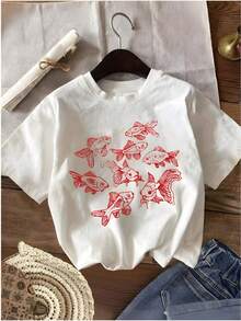 Women's Casual Short Sleeve White T-Shirt - Red Goldfish Print - Casual Summer Vacation Top | Soft And Breathable Shirt For Everyday Wear | Machine Washable, Loose Fit For Travel, Beach, Summer Fashion, Fun Design, Lightweight Crew Neck T-Shirt, Vacation Wear. - 白色 - 查看 1