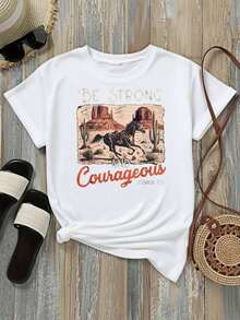 Camiseta de mujer de corte holgado, manga corta, opciones de color y blanco, escena de caballo en el desierto, camiseta gráfica con estampado Be Strong And Courageous Joshua 19, atuendo casual de verano para mujeres, camisetas de verano, camisetas gráficas, atuendos de verano para mujeres, camisetas gráficas, tops cortos para mujeres, tops para mujeres, algodón vintage, ropa linda para mujeres, atuendo de Navidad para mujeres, vestidos elegantes para mujeres, playera deportiva para mujeres, ropa deportiva, camisetas de gimnasio, blusas de Navidad para mujeresSuitable for spring, summer and autumn - Blanco - Ver 2