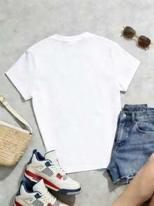 Camiseta casual de mujer de verano, cuello redondo, manga corta, tejido suave |   MARCA | Estilo callejero americano, tienda local, tops para salir, algodón, vintage, estilo callejero europeo y americano, casual deportivo, estilo unisex, estilo casual urbano, tops bonitos, Generación Z, curvas, ropa Y2K, camisetas divertidas, tops de mujer, conjuntos de vacaciones para mujer, top lindo, camiseta gráfica, conjuntos de primavera, camisetas holgadas, ropa de calle retro, estilo de los 90, estilo de los 2000, subcultura, top , tops blancos, atuendo de fiesta de los 90. Adecuado para primavera, verano y otoño - Blanco - Ver 5