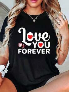 Camiseta Ligera y Transpirable para el Día de San Valentín con Estampado de Corazón y Rosa "Te Amo por Siempre", Diseño Creativo para Confesiones Románticas Dulces, Cuello Redondo para Mujer, Primavera Verano, Ideal para Combinar en Primavera y Otoño. - Negro - Ver 1
