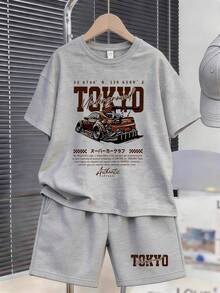 1 Set Adecuado para niños preadolescentes y adolescentes, conjunto de camiseta de manga corta y pantalón de chándal, con estampados de autos transformadores, regalo perfecto de verano para usar en la escuela y al aire libre, primavera/verano - Multicolor - Ver 1