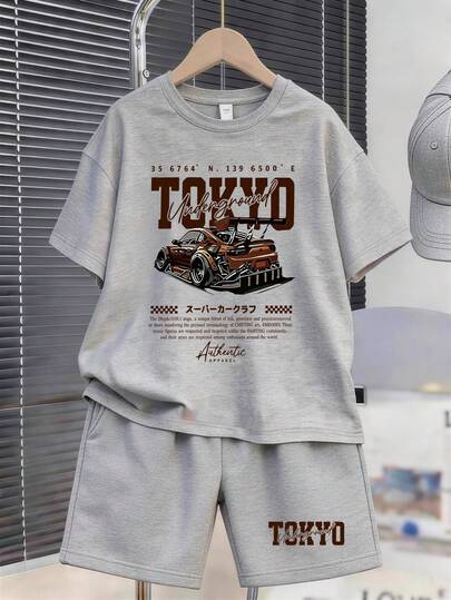 1 Set Suitable For Tween BoyTeenagers, Short Sleeve T-Shirt And Sweatpants Set, Featuring Transforming Car Themed Prints, Perfect Summer Gift For School And Outdoor Wear, Spring/Summer
