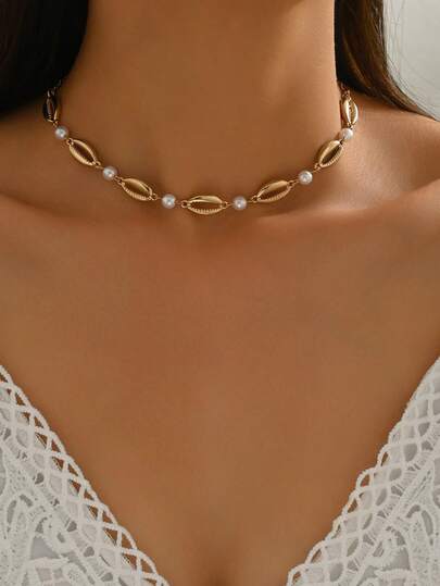 1 chiếc vòng cổ choker nữ tối giản, thanh lịch mùa hè, kiểu dáng bohemian cổ điển, trang trí vỏ sò và ngọc trai giả, dây chuyền xương đòn, đa năng cho sử dụng hàng ngày, đi biển, dự tiệc, quà tặng ngày lễ.