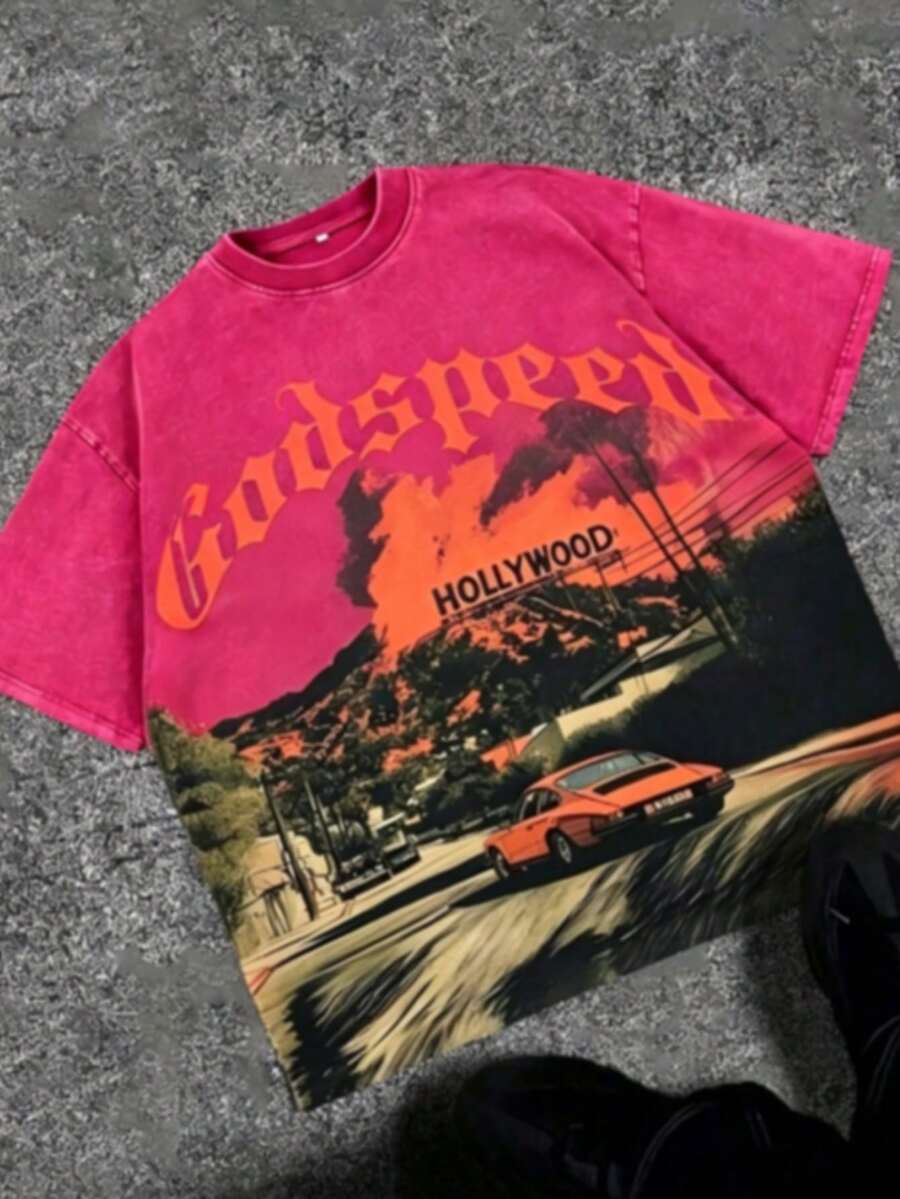 Break The SystemMen's Washed Vintage Crewneck T-Shirt, 100% Cotton 180GSM, Godspeed Highway Car Print, Retro Faded Style, American Streetwear, - 紅色 - 查看 1