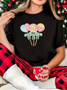 Talla - Talla - Camiseta de Talla con Estampado de Piruleta Colorida, Camiseta Gráfica Negra de Manga Corta y Cuello Redondo - Lavable aáquina, Estilo Casual, Ajuste Cómodo, Diseño Moderno, Versátil para Uso Diario, Tejido Suave, Estilo de Moda - Negro - Ver 1