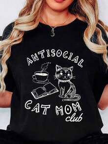 Crew Neck T-Shirt With Antisocial Cat Moms Club Print, Featuring A Cat, Coffee Mug And Book Design - Perfect For Casual Wear, Relaxing At Home And Cat Lover Outfits. - 黑色 - 查看 6