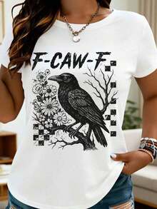 Women's Graphic Print T-Shirt With Crow, Flowers, And Branches, Casual Summer Top, Gothic Style, Cute Animal Print T-Shirt For Girls, Unisex Fashion Clothing, Gift For Halloween Or Birthday - 白色 - 查看 6