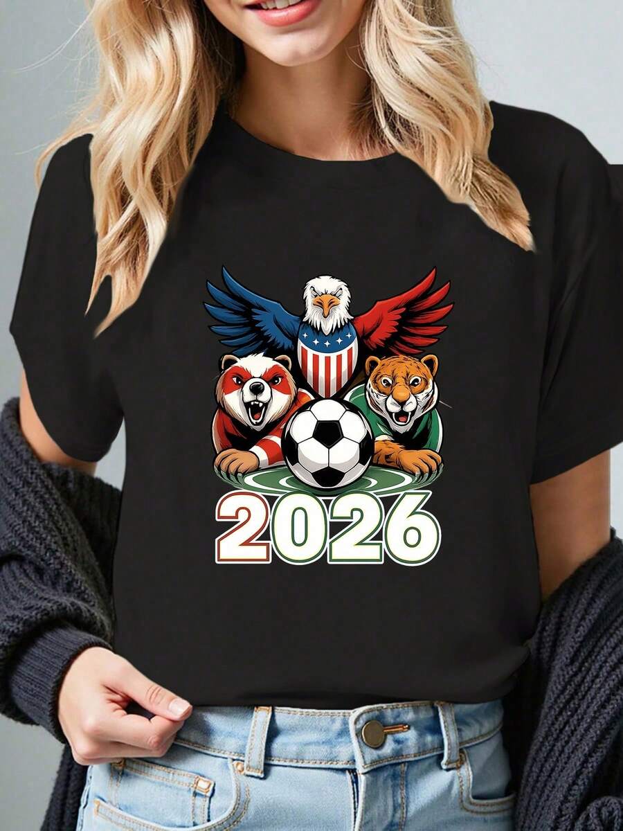 Una camiseta de mujer de manga corta, holgada, moderna, a la moda, retro y elegante, adecuada para actividades al aire libre en primavera y verano, camiseta de fútbol femenina 2026 - camiseta con estampado de Águila Americana, Oso y Tigre, camiseta casual de manga corta, la elección perfecta para los fans.blusas para mujer,blusas casuales para dama,tops,, mujer premium,y2k,playeras de mujer curvy,ofertas y liquidaciones ropa mujer,playeras deportivas para mujer,,playeras de hombre, mujer,blusas>elegante 1DFA - Negro - Ver 1