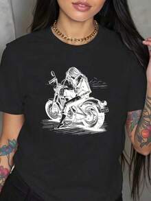 Camiseta con Estampado de Patines Retro, Manga Corta, Cuello Redondo, Estilo Casual para Verano y Primavera, Ropa de Mujer - Negro - Ver 1