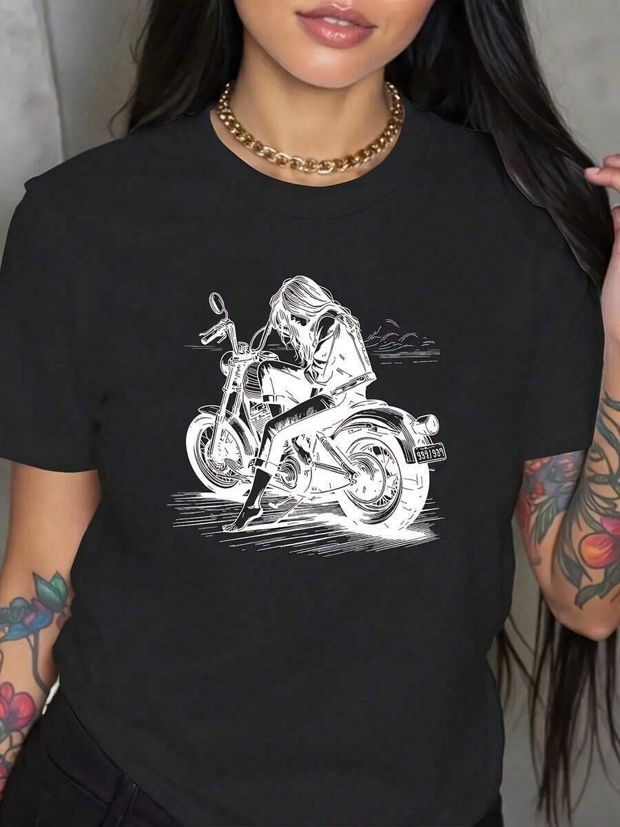 Camiseta con Estampado de Patines Retro, Manga Corta, Cuello Redondo, Estilo Casual para Verano y Primavera, Ropa de Mujer - Negro - Ver 1